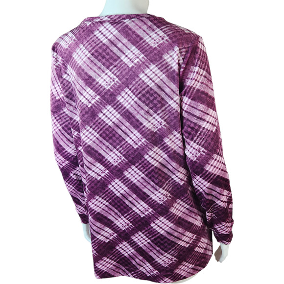 Denim & Co. Printed Velour Pullover Hi-Low Hem Deep Wine Plaid Petite Small NWOT - Picture 9 of 14